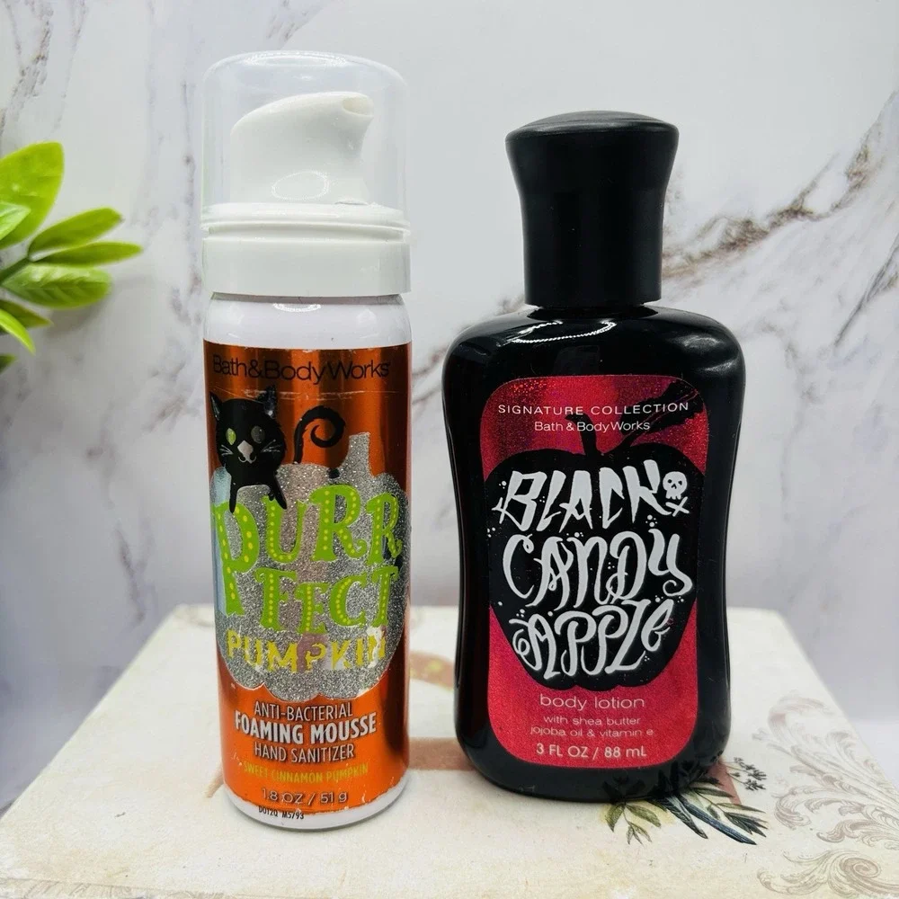 Bath & Body Works BLACK CANDY APPLE Lotion 3oz & Pumpkin Mousse Hand Sanitizer